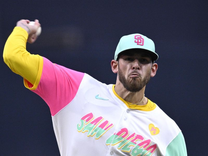 Apr 26, 2024; San Diego, California, USA; San Diego Padres starting pitcher Joe Musgrove (44) throws a pitch against the Philadelphia Phillies during the first inning at Petco Park. Mandatory Credit: Orlando Ramirez-USA TODAY Sports