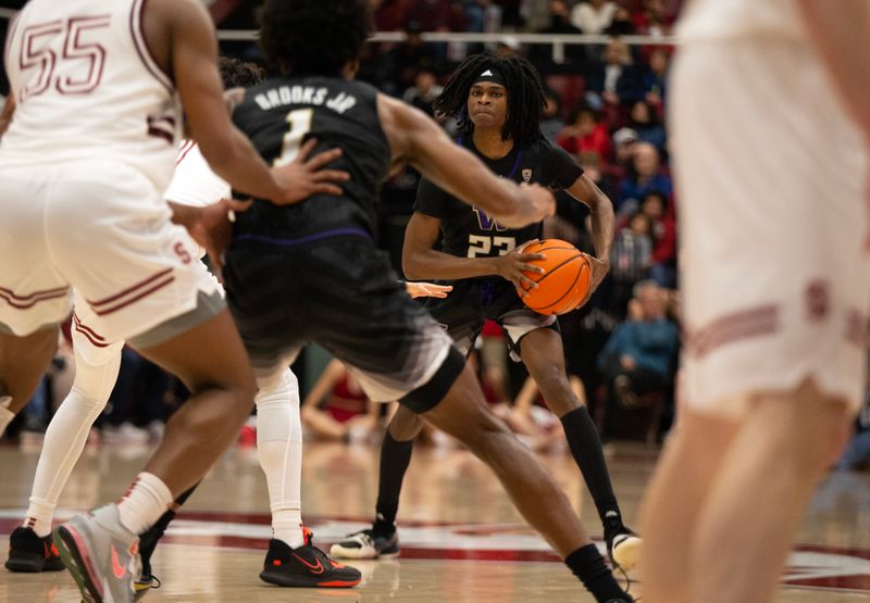 Feb 26, 2023; Stanford, California, USA; Washington Huskies guard Keyon Menifield (23) looks to pass against the Stanford Cardinal during the first half at Maples Pavilion. Mandatory Credit: D. Ross Cameron-USA TODAY Sports