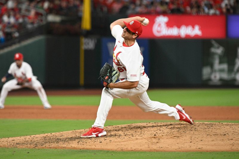 Sep 20, 2023; St. Louis, Missouri, USA; St. Louis Cardinals relief pitcher Jacob Barnes (61) throws against the Milwaukee Brewers during the sixth inning at Busch Stadium. Mandatory Credit: Jeff Le-USA TODAY Sports