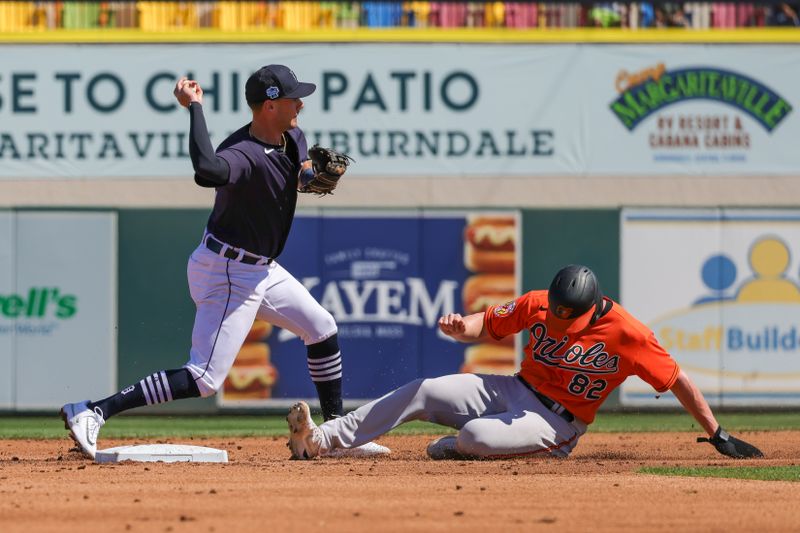 Feb 26, 2023; Lakeland, Florida, USA; Detroit Tigers shortstop Ryan Kreidler (32) throws to first for a double play during the second inning against the Baltimore Orioles at Publix Field at Joker Marchant Stadium. Mandatory Credit: Mike Watters-USA TODAY Sports