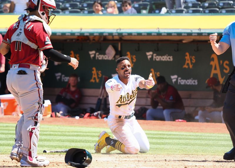 May 17, 2023; Oakland, California, USA; Oakland Athletics second baseman Tony Kemp (5) argues the call after he is tagged out a home by Arizona Diamondbacks catcher Jose Herrera (11) during the seventh inning at Oakland-Alameda County Coliseum. Mandatory Credit: Kelley L Cox-USA TODAY Sports