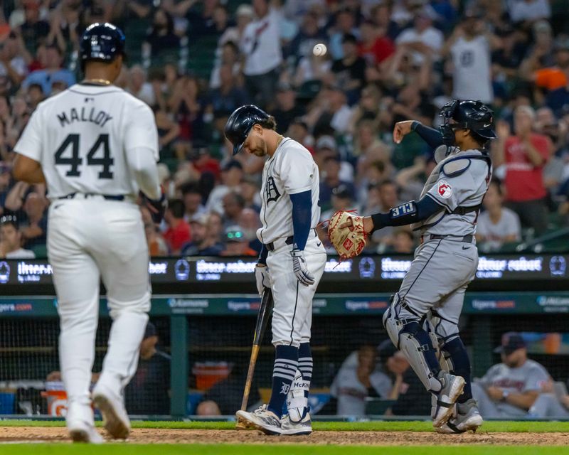 Jul 29, 2024; Detroit, Michigan, USA; Detroit Tigers shortstop Zach McKinstry (39) strikes out to end the in the eighth inning against the Cleveland Guardians at Comerica Park. Mandatory Credit: David Reginek-USA TODAY Sports