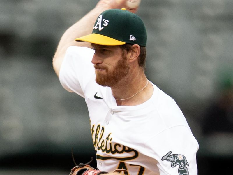 Apr 13, 2024; Oakland, California, USA; Oakland Athletics pitcher Michael Kelly (47) delivers a pitch against the Washington Nationals during the ninth inning at Oakland-Alameda County Coliseum. Mandatory Credit: D. Ross Cameron-USA TODAY Sports
