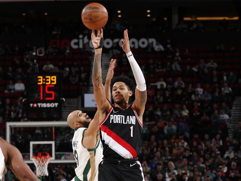 PORTLAND, OR - MARCH 11:  Anfernee Simons #1 of the Portland Trail Blazers shoots the ball during the game against the Boston Celtics on March 11, 2024 at the Moda Center Arena in Portland, Oregon. NOTE TO USER: User expressly acknowledges and agrees that, by downloading and or using this photograph, user is consenting to the terms and conditions of the Getty Images License Agreement. Mandatory Copyright Notice: Copyright 2024 NBAE (Photo by Cameron Browne/NBAE via Getty Images)