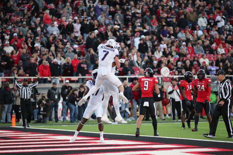 Nov 2, 2023; Lubbock, Texas, USA; Texas Christian Horned Frogs tight end DJ Rogers (80) reacts after scoring a touchdown against the Texas Tech Red Raiders with wide receiver JP Richardson (7) in the first half at Jones AT&T Stadium and Cody Campbell Field. Mandatory Credit: Michael C. Johnson-USA TODAY Sports