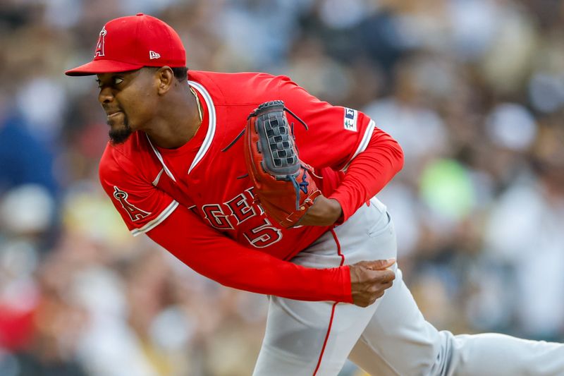 May 13, 2025; San Diego, California, USA; Los Angeles Angels starting pitcher Jose Soriano (59) throws a pitch during the first inning against the San Diego Padres at Petco Park. Mandatory Credit: David Frerker-Imagn Images