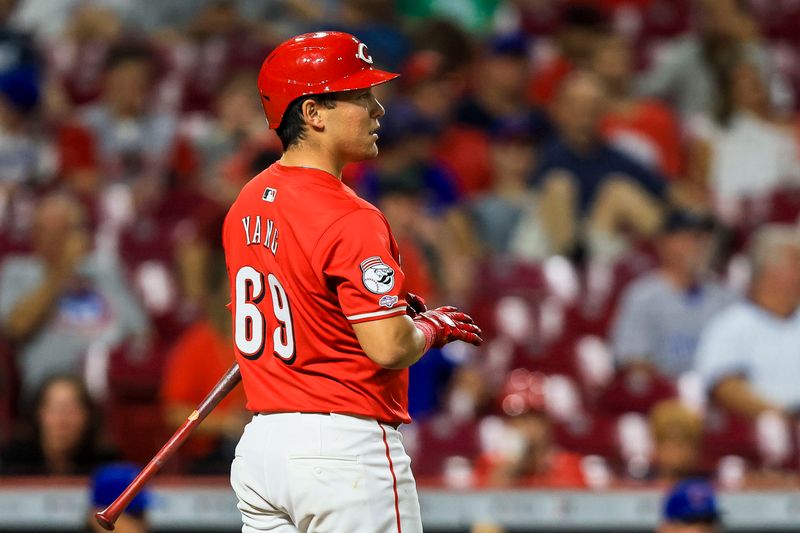 Jul 31, 2024; Cincinnati, Ohio, USA; Cincinnati Reds pinch hitter Eric Yang (69) at bat in the ninth inning against the Chicago Cubs at Great American Ball Park. Mandatory Credit: Katie Stratman-USA TODAY Sports