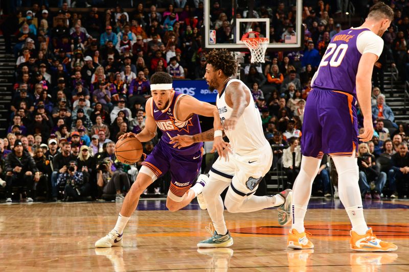 PHOENIX, AZ - JANUARY  7: Devin Booker #1 of the Phoenix Suns drives to the basket during the game against the Memphis Grizzlies on January 7, 2024 at Footprint Center in Phoenix, Arizona. NOTE TO USER: User expressly acknowledges and agrees that, by downloading and or using this photograph, user is consenting to the terms and conditions of the Getty Images License Agreement. Mandatory Copyright Notice: Copyright 2024 NBAE (Photo by Kate Frese/NBAE via Getty Images)