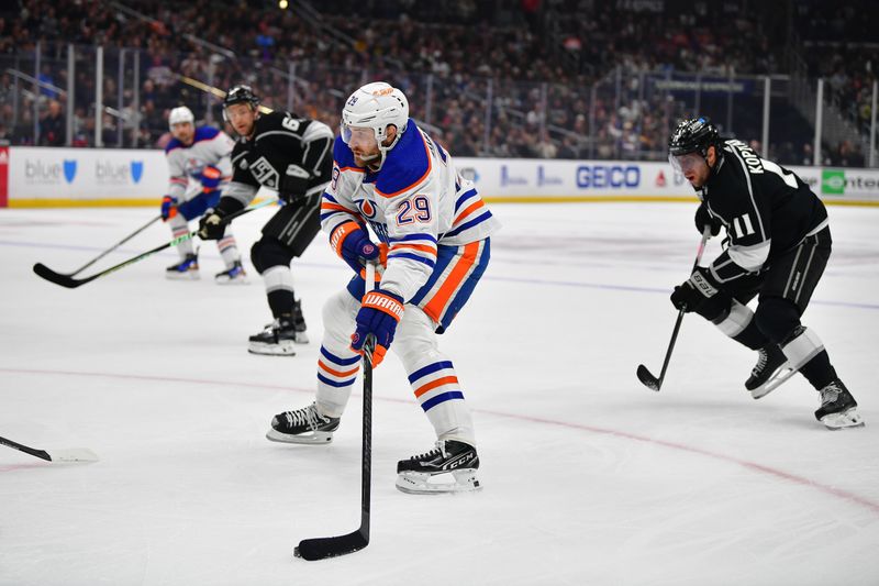 Dec 30, 2023; Los Angeles, California, USA; Edmonton Oilers center Leon Draisaitl (29) moves in for a shot on goal against the Los Angeles Kings during the first period at Crypto.com Arena. Mandatory Credit: Gary A. Vasquez-USA TODAY Sports