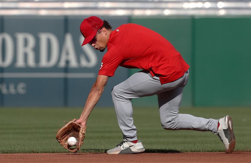 Aug 22, 2023; Pittsburgh, Pennsylvania, USA; St. Louis Cardinals infielder Masyn Winn (0) fields ground balls before the game against the Pittsburgh Pirates at PNC Park. Mandatory Credit: Charles LeClaire-USA TODAY Sports