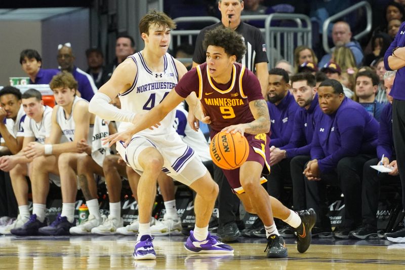 Jan 3, 2026; Evanston, Illinois, USA; Northwestern Wildcats guard Angelo Ciaravino (44) defends Minnesota Golden Gophers guard Kai Shinholster (9) during the first half at Welsh-Ryan Arena. Mandatory Credit: David Banks-Imagn Images