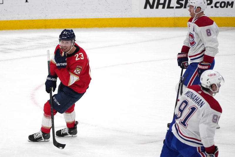 Dec 30, 2023; Sunrise, Florida, USA;  Florida Panthers center Carter Verhaeghe (23) celebrates a goal against the Montreal Canadiens late in the third period at Amerant Bank Arena. Mandatory Credit: Jim Rassol-USA TODAY Sports