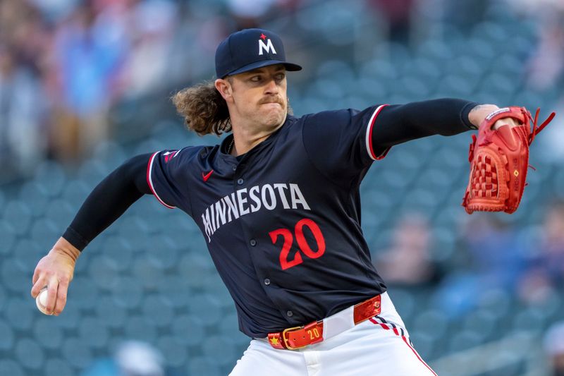 Apr 22, 2024; Minneapolis, Minnesota, USA; Minnesota Twins starting pitcher Chris Paddack (20) delivers a pitch against the Chicago White Sox in the first inning at Target Field. Mandatory Credit: Jesse Johnson-USA TODAY Sports