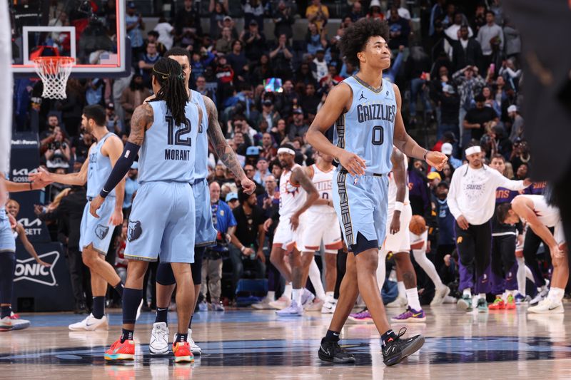 MEMPHIS, TN - FEBRUARY 25: Ja Morant #12 and Jaylen Wells #0 of the Memphis Grizzlies looks on after the game against the Phoenix Suns on February 25, 2025 at FedExForum in Memphis, Tennessee. NOTE TO USER: User expressly acknowledges and agrees that, by downloading and or using this photograph, User is consenting to the terms and conditions of the Getty Images License Agreement. Mandatory Copyright Notice: Copyright 2025 NBAE (Photo by Joe Murphy/NBAE via Getty Images)