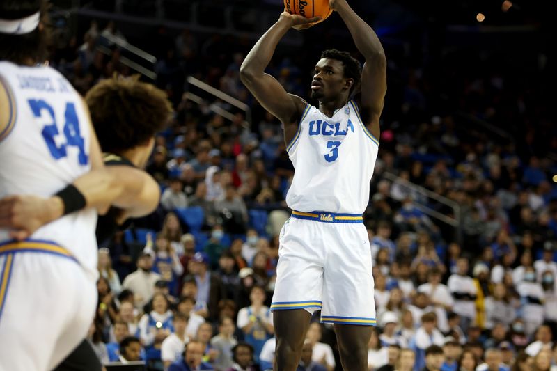 Jan 14, 2023; Los Angeles, California, USA; UCLA Bruins forward Adem Bona (3) shoots the ball during the second half against the Colorado Buffaloes at Pauley Pavilion presented by Wescom. Mandatory Credit: Kiyoshi Mio-USA TODAY Sports