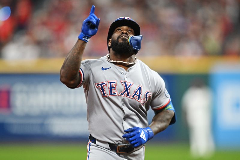 Sep 27, 2025; Cleveland, Ohio, USA; Texas Rangers designated hitter Adolis Garcia (53) rounds the bases after hitting a home run against the Cleveland Guardians during the fourth inning at Progressive Field. Mandatory Credit: Ken Blaze-Imagn Images