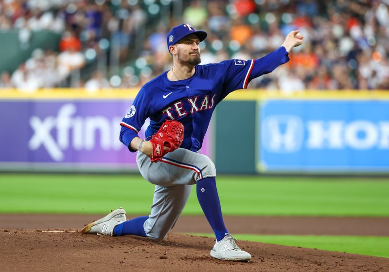 Apr 13, 2024; Houston, Texas, USA;  Texas Rangers pitcher Andrew Heaney (44) pitches against the Houston Astros in the first inning at Minute Maid Park. Mandatory Credit: Thomas Shea-USA TODAY Sports