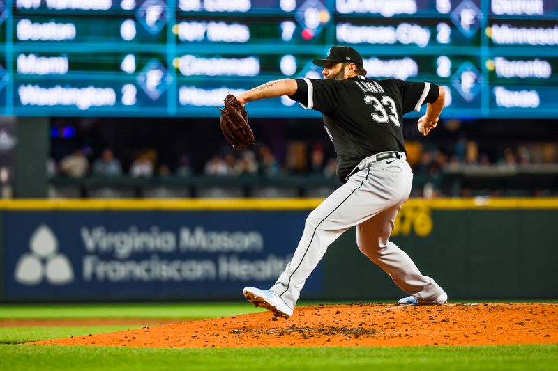 Jun 18, 2023; Seattle, Washington, USA; Chicago White Sox starting pitcher Lance Lynn (33) throws against the Seattle Mariners during the third inning at T-Mobile Park. Mandatory Credit: Joe Nicholson-USA TODAY Sports