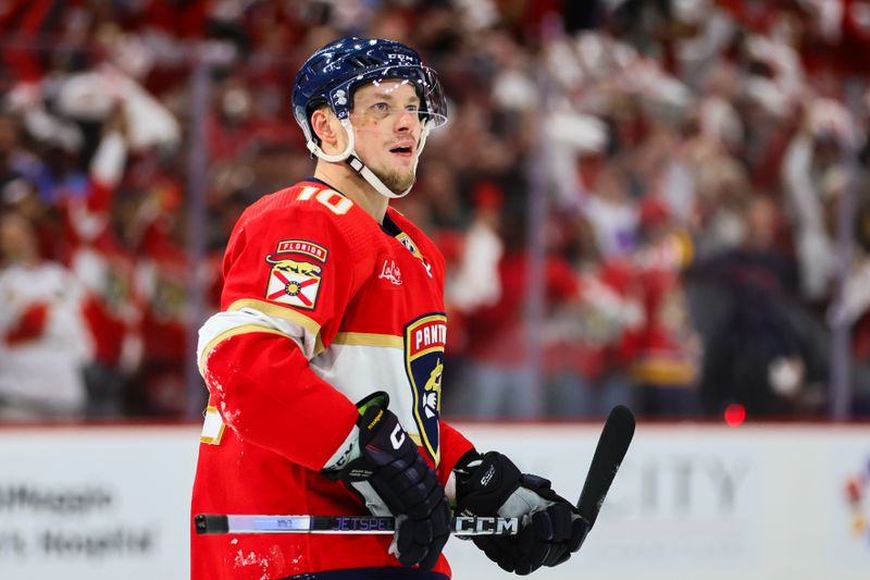 Apr 23, 2024; Sunrise, Florida, USA; Florida Panthers right wing Vladimir Tarasenko (10) looks on after scoring against the Tampa Bay Lightning during the first period in game two of the first round of the 2024 Stanley Cup Playoffs at Amerant Bank Arena. Mandatory Credit: Sam Navarro-USA TODAY Sports