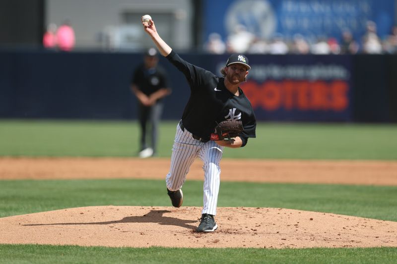 Mar 5, 2026; Tampa, Florida, USA; New York Yankees starting pitcher Paul Blackburn (58) throws a pitch against the Minnesota Twins in the second inning during spring training at George M. Steinbrenner Field. Mandatory Credit: Nathan Ray Seebeck-Imagn Images