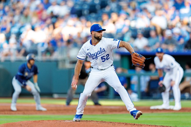 Jun 25, 2025; Kansas City, Missouri, USA; Kansas City Royals pitcher Michael Wacha (52) pitches during the third inning against the Tampa Bay Rays at Kauffman Stadium. Mandatory Credit: William Purnell-Imagn Images