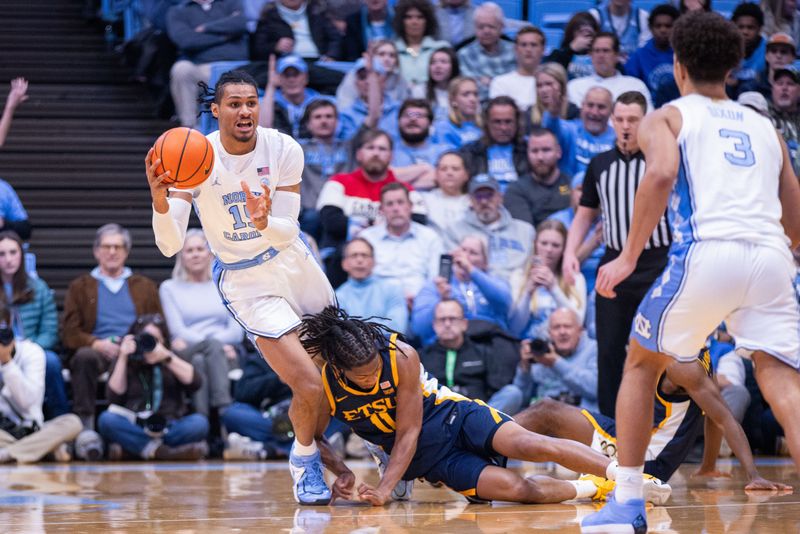 Dec 16, 2025; Chapel Hill, North Carolina, USA; North Carolina Tar Heels forward Jarin Stevenson (15) moves the ball up court against ETSU Buccaneers guard Brian Taylor (11) during the first half at Dean E. Smith Center. Mandatory Credit: Scott Kinser-Imagn Images