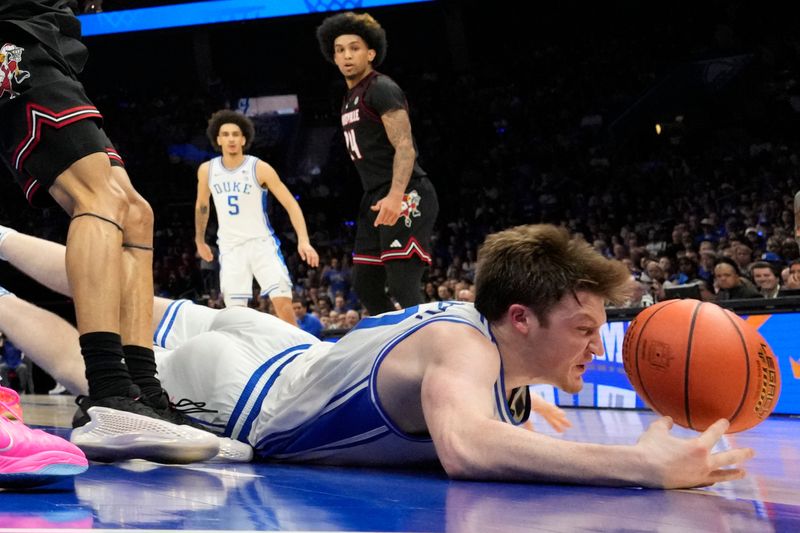 Mar 15, 2025; Charlotte, NC, USA; Duke Blue Devils guard Kon Knueppel (7) dives for the ball in the first half during the 2025 ACC Conference Championship game at Spectrum Center. Mandatory Credit: Bob Donnan-Imagn Images