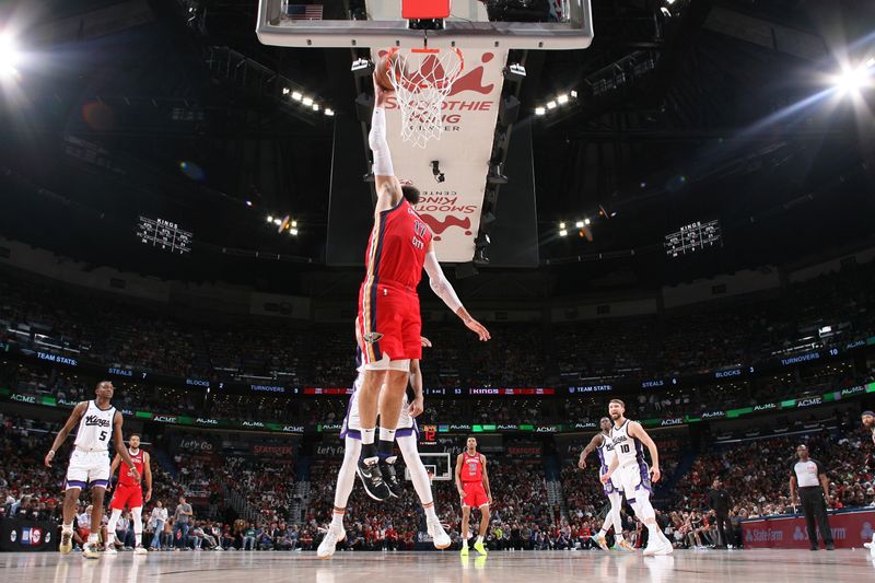 NEW ORLEANS, LA - APRIL 19: Jonas Valanciunas #17 of the New Orleans Pelicans dunks the ball during the game against the Sacramento Kings during the 2024 NBA Play-In Tournament on April 19, 2024 at the Smoothie King Center in New Orleans, Louisiana. NOTE TO USER: User expressly acknowledges and agrees that, by downloading and or using this Photograph, user is consenting to the terms and conditions of the Getty Images License Agreement. Mandatory Copyright Notice: Copyright 2024 NBAE (Photo by Layne Murdoch Jr./NBAE via Getty Images)