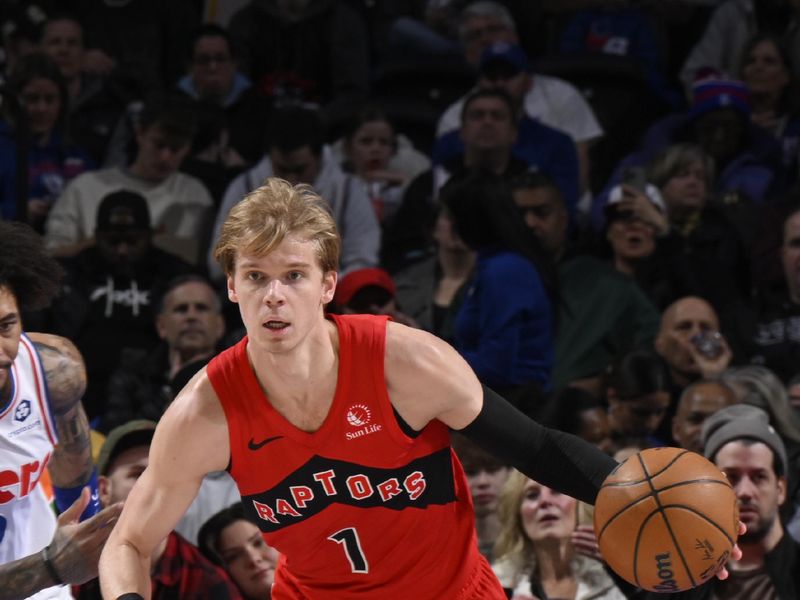 PHILADELPHIA, PA - FEBRUARY 11:  Gradey Dick #1 of the Toronto Raptors dribbles the ball during the game against the Philadelphia 76ers on February 11, 2025 at the Wells Fargo Center in Philadelphia, Pennsylvania NOTE TO USER: User expressly acknowledges and agrees that, by downloading and/or using this Photograph, user is consenting to the terms and conditions of the Getty Images License Agreement. Mandatory Copyright Notice: Copyright 2025 NBAE (Photo by David Dow/NBAE via Getty Images)