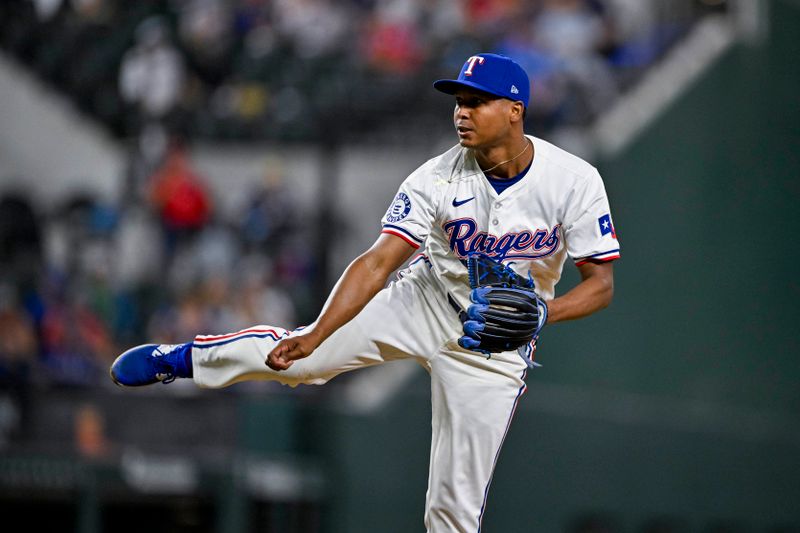 Sep 5, 2024; Arlington, Texas, USA; Texas Rangers relief pitcher Jose Leclerc (25) pitches against the Los Angeles Angels during the game at Globe Life Field. Mandatory Credit: Jerome Miron-Imagn Images