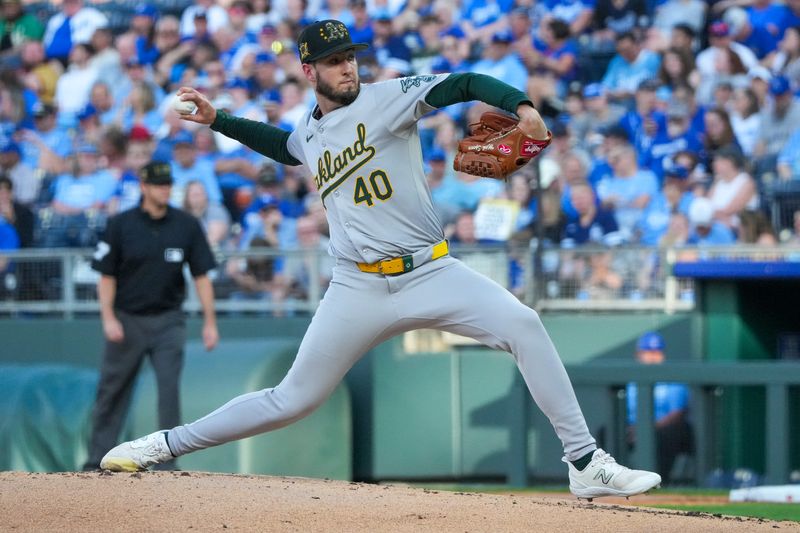 May 17, 2024; Kansas City, Missouri, USA; Oakland Athletics starting pitcher Mitch Spence (40) delivers a pitch against the Kansas City Royals at Kauffman Stadium. Mandatory Credit: Denny Medley-USA TODAY Sports