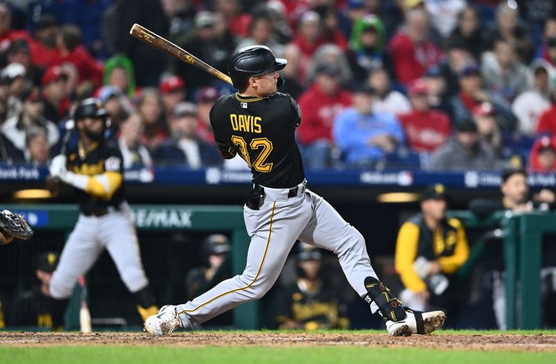 Sep 26, 2023; Philadelphia, Pennsylvania, USA; Pittsburgh Pirates outfielder Henry Davis (32) hits a home run against the Philadelphia Phillies in the eighth inning at Citizens Bank Park. Mandatory Credit: Kyle Ross-USA TODAY Sports