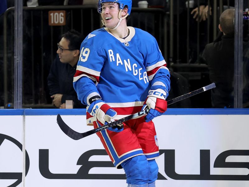 Mar 5, 2026; New York, New York, USA; New York Rangers right wing Jaroslav Chmelar (49) reacts after scoring his first NHL goal during the third period against the Toronto Maple Leafs at Madison Square Garden. Mandatory Credit: Brad Penner-Imagn Images
