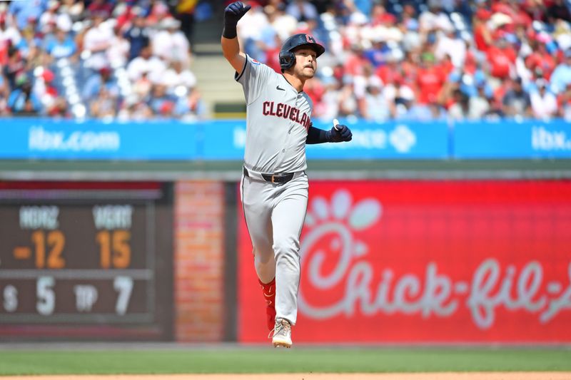 Jul 28, 2024; Philadelphia, Pennsylvania, USA; Cleveland Guardians outfielder Steven Kwan (38) celebrates his home run against the Philadelphia Phillies during the seventh inning at Citizens Bank Park. Mandatory Credit: Eric Hartline-USA TODAY Sports