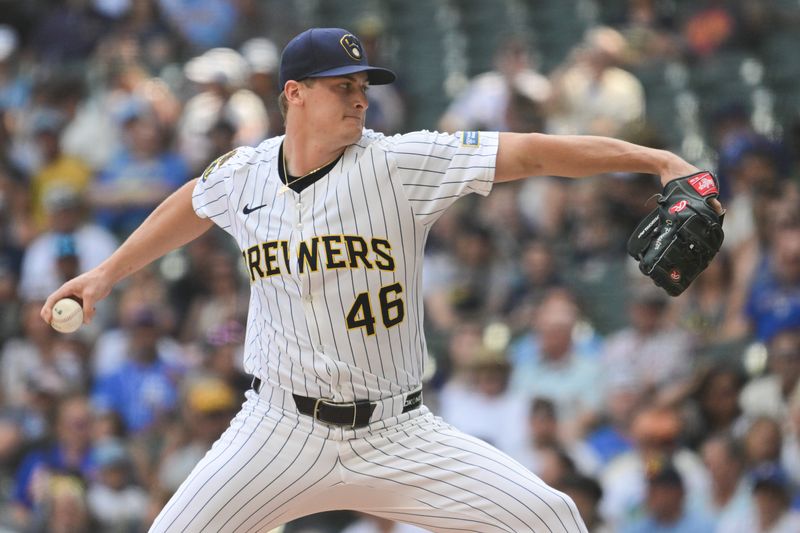 Jun 28, 2025; Milwaukee, Wisconsin, USA; Milwaukee Brewers starting pitcher Quinn Priester (46) throws a pitch in the first inning against the Colorado Rockies at American Family Field. Mandatory Credit: Benny Sieu-Imagn Images