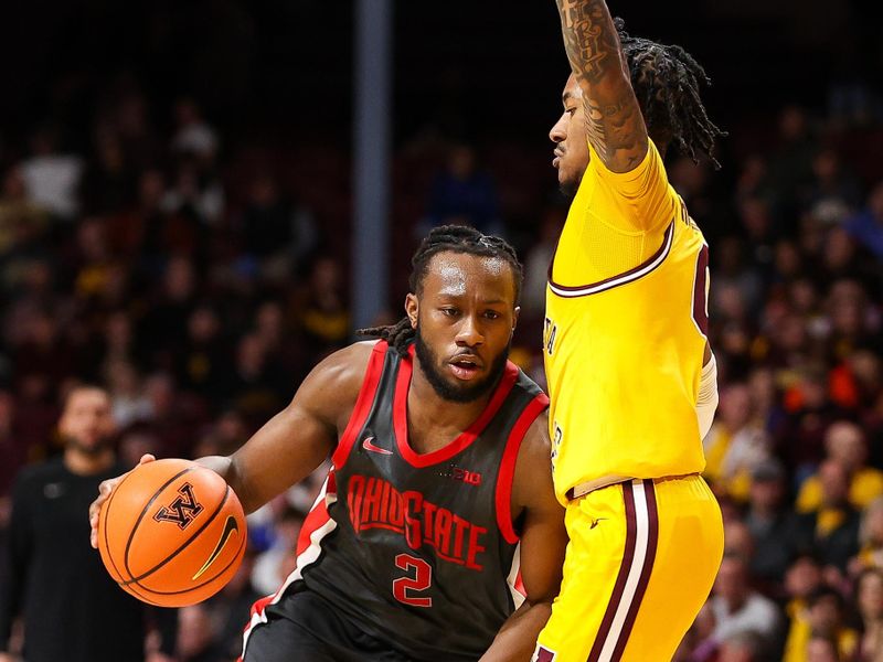 Feb 22, 2024; Minneapolis, Minnesota, USA; Ohio State Buckeyes guard Bruce Thornton (2) works around Minnesota Golden Gophers guard Elijah Hawkins (0) during the second half at Williams Arena. Mandatory Credit: Matt Krohn-USA TODAY Sports