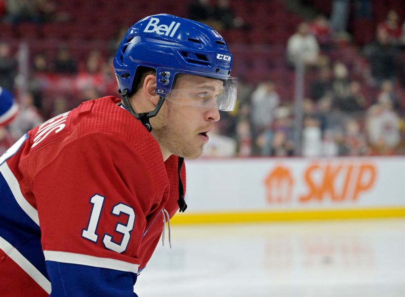 Dec 4, 2023; Montreal, Quebec, CAN; Montreal Canadiens forward Mitchell Stephens (13) skates during the warmup period before the game against the Seattle Kraken at the Bell Centre. Mandatory Credit: Eric Bolte-USA TODAY Sports