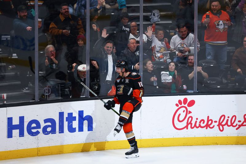 Feb 9, 2024; Anaheim, California, USA; Anaheim Ducks center Ryan Strome (16) celebrates after scoring his second goal against the Edmonton Oilers during the third period of a game at Honda Center. Mandatory Credit: Jessica Alcheh-USA TODAY Sports