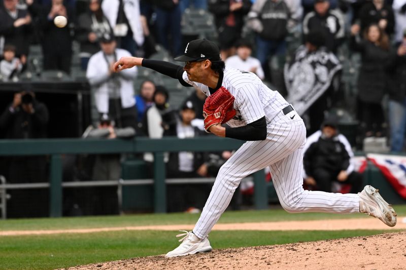 Apr 5, 2023; Chicago, Illinois, USA;  Chicago White Sox relief pitcher Joe Kelly (17) delivers against the San Francisco Giants during the ninth inning at Guaranteed Rate Field. Mandatory Credit: Matt Marton-USA TODAY Sports