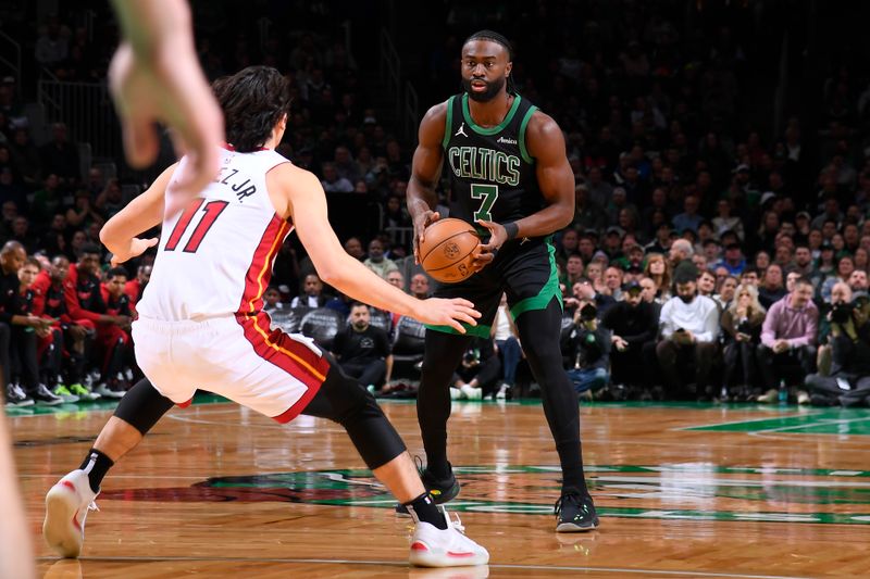 BOSTON, MA - DECEMBER 2: Jaylen Brown #7 of the Boston Celtics handles the ball during the game against the Miami Heat on December 2, 2024 at TD Garden in Boston, Massachusetts. NOTE TO USER: User expressly acknowledges and agrees that, by downloading and/or using this Photograph, user is consenting to the terms and conditions of the Getty Images License Agreement. Mandatory Copyright Notice: Copyright 2024 NBAE (Photo by Brian Babineau/NBAE via Getty Images)