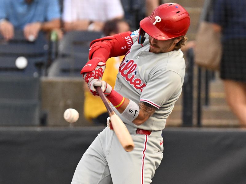 May 8, 2025; St. Petersburg, Florida, USA;  Philadelphia Phillies second baseman Bryson Scott (5) hits a double in the first inning against the Tampa Bay Rays at George M. Steinbrenner Field. Mandatory Credit: Jonathan Dyer-Imagn Images
