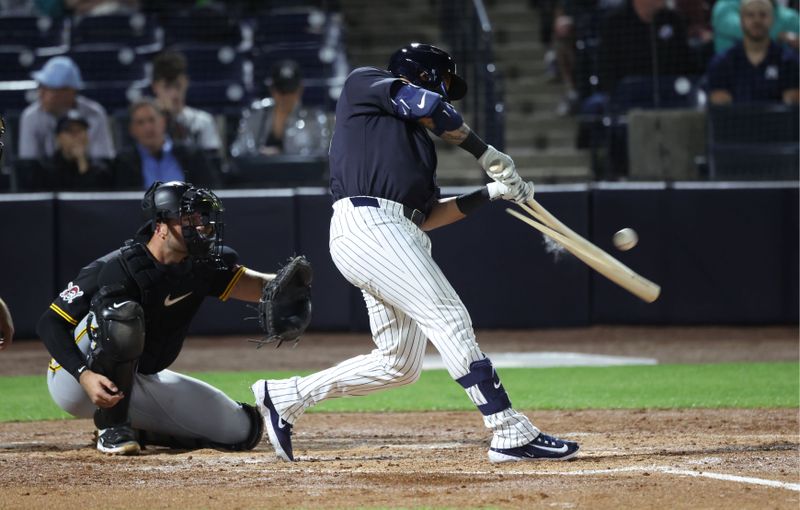 Mar 3, 2025; Tampa, Florida, USA;  New York Yankees designated hitter Dominic Smith (22) hits a two-RBI single during the second inning against the Pittsburgh Pirates  at George M. Steinbrenner Field. Mandatory Credit: Kim Klement Neitzel-Imagn Images