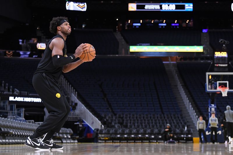 SAN FRANCISCO, CA - FEBRUARY 25:  Buddy Hield #7 of the Golden State Warriors warms up before the game against the Charlotte Hornets  on February 25, 2025 at Chase Center in San Francisco, California. NOTE TO USER: User expressly acknowledges and agrees that, by downloading and or using this photograph, user is consenting to the terms and conditions of Getty Images License Agreement. Mandatory Copyright Notice: Copyright 2025 NBAE (Photo by Noah Graham/NBAE via Getty Images)