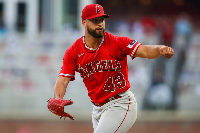 Aug 1, 2023; Atlanta, Georgia, USA; Los Angeles Angels starting pitcher Patrick Sandoval (43) throws against the Atlanta Braves in the second inning at Truist Park. Mandatory Credit: Brett Davis-USA TODAY Sports