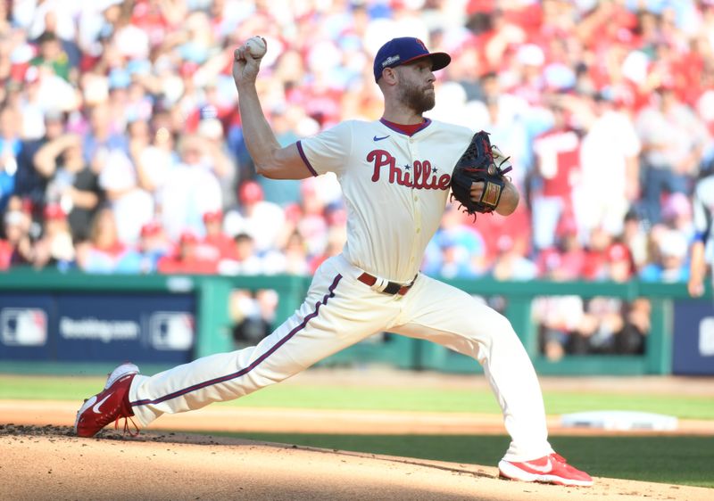 Oct 5, 2024; Philadelphia, PA, USA; Philadelphia Phillies pitcher Zack Wheeler (45) throws a pitch against the New York Mets in the first inning in game one of the NLDS for the 2024 MLB Playoffs at Citizens Bank Park. Mandatory Credit: Eric Hartline-Imagn Images