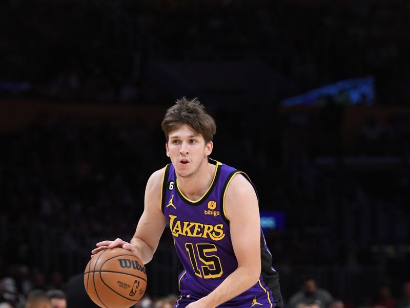 LOS ANGELES, CA - NOVEMBER 4: Austin Reaves #15 of the Los Angeles Lakers dribbles the ball during the game against the Utah Jazz on November 4, 2022 at Crypto.Com Arena in Los Angeles, California. NOTE TO USER: User expressly acknowledges and agrees that, by downloading and/or using this Photograph, user is consenting to the terms and conditions of the Getty Images License Agreement. Mandatory Copyright Notice: Copyright 2022 NBAE (Photo by Juan Ocampo/NBAE via Getty Images)