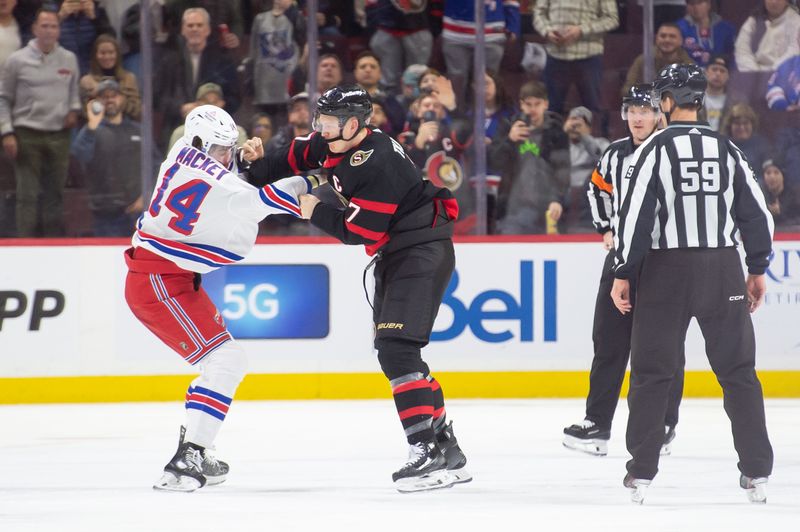 Jan 27, 2024; Ottawa, Ontario, CAN; New York Rangers defenseman Connor Mackey (14) fights with Ottawa Senators left wing Brady Tkachuk (7) in the second period at the Canadian Tire Centre. Mandatory Credit: Marc DesRosiers-USA TODAY Sports