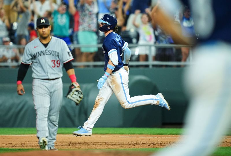 Jul 28, 2023; Kansas City, Missouri, USA; Kansas City Royals shortstop Bobby Witt Jr. (7) rounds the bases after hitting a walk-off grand slam against the Minnesota Twins during the tenth inning at Kauffman Stadium. Mandatory Credit: Jay Biggerstaff-USA TODAY Sports