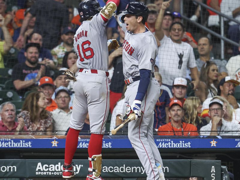 Aug 20, 2024; Houston, Texas, USA; Boston Red Sox center fielder Jarren Duran (16) celebrates with first baseman Triston Casas (36) after hitting a home run during the eighth inning against the Houston Astros at Minute Maid Park. Mandatory Credit: Troy Taormina-USA TODAY Sports