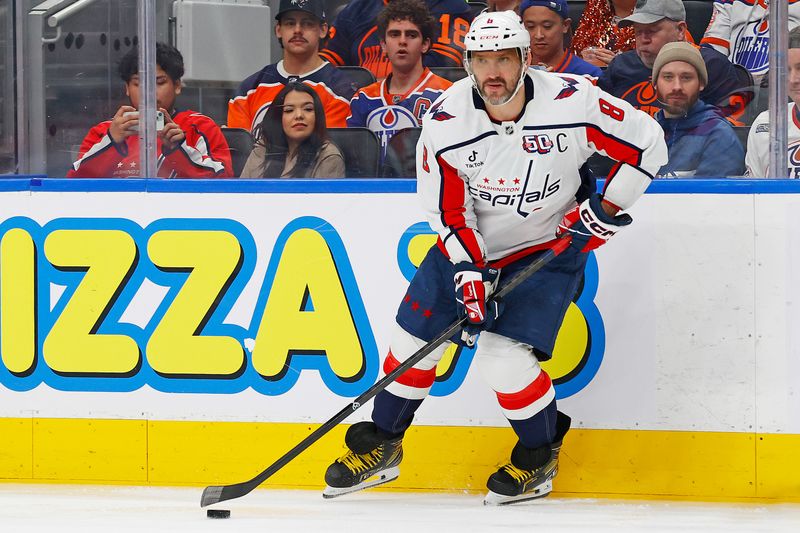 Jan 21, 2025; Edmonton, Alberta, CAN; Washington Capitals forward Alex Ovechkin (8) looks to make a pass against the Edmonton Oilers at Rogers Place. Mandatory Credit: Perry Nelson-Imagn Images